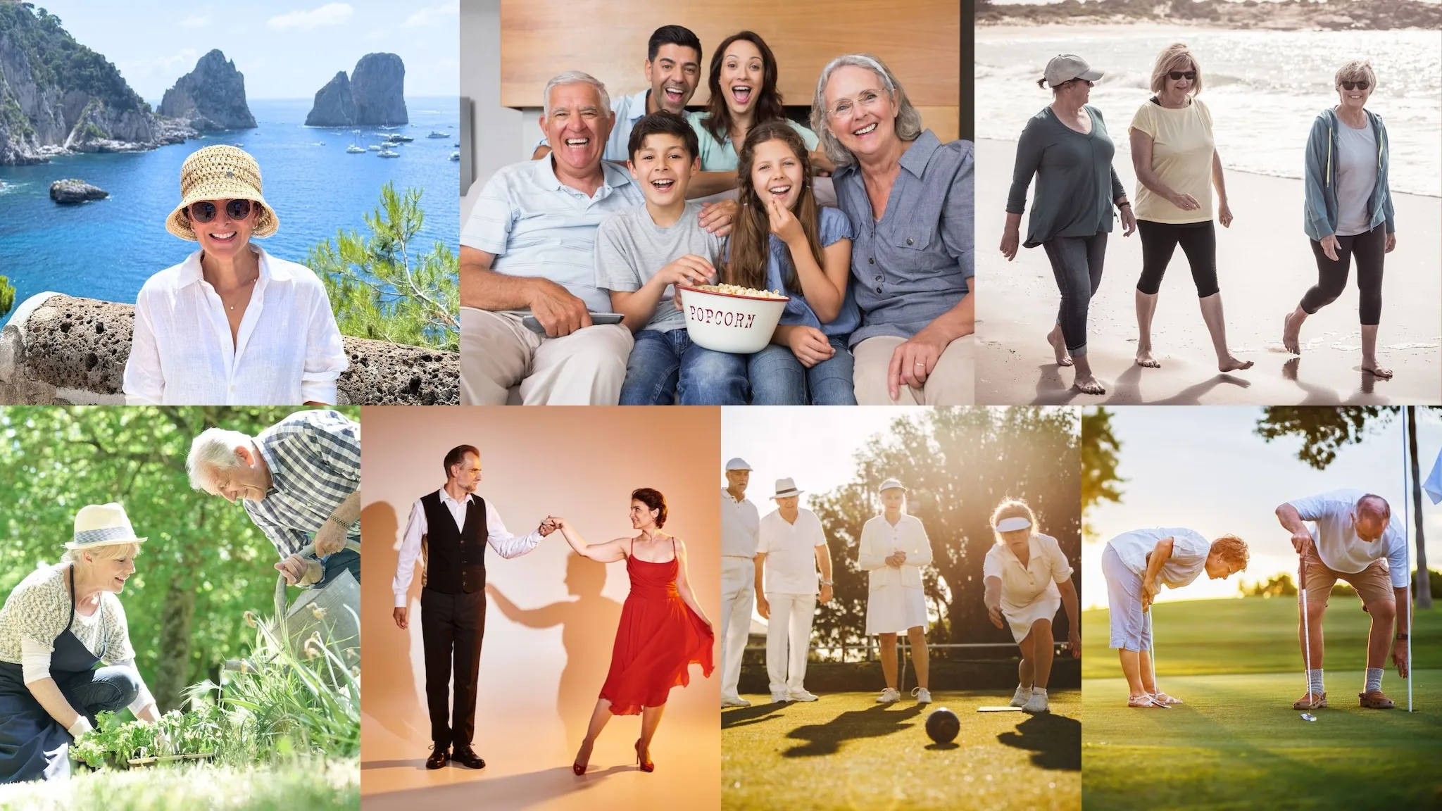 People enjoying travel, family time, walking, gardening, dancing, lawn bowls and golf.